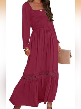 Women’s Square Neck Long Sleeve Maxi Dress in Burgundy L 12-14
